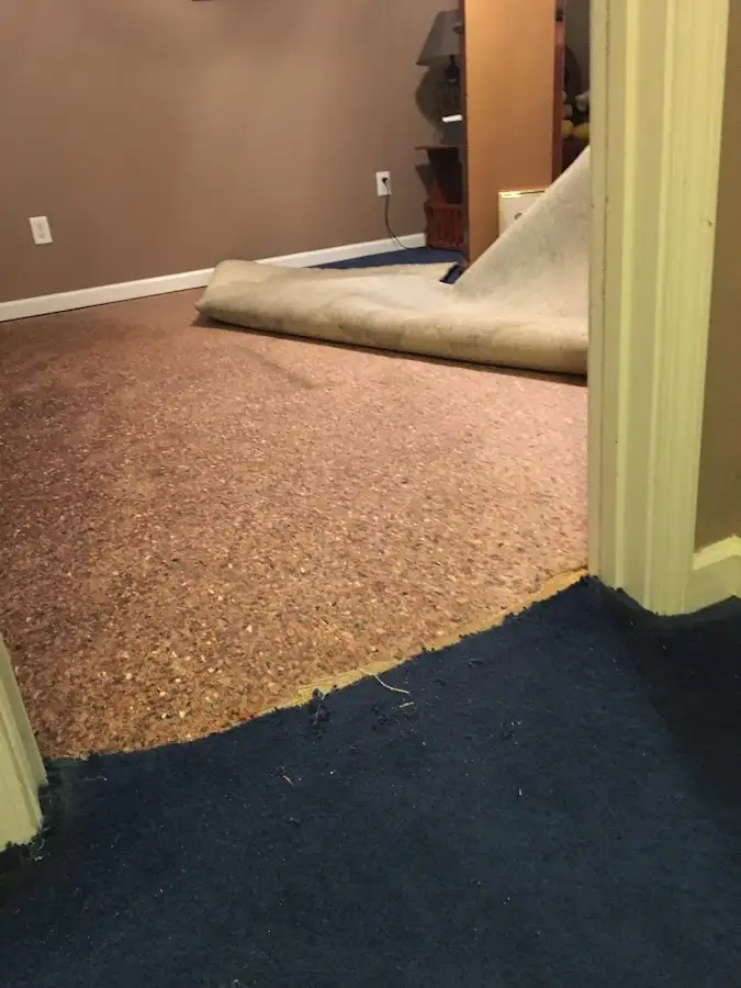 Carpet pad removal revealing water damage during Water Mitigation Services in Sweet Home